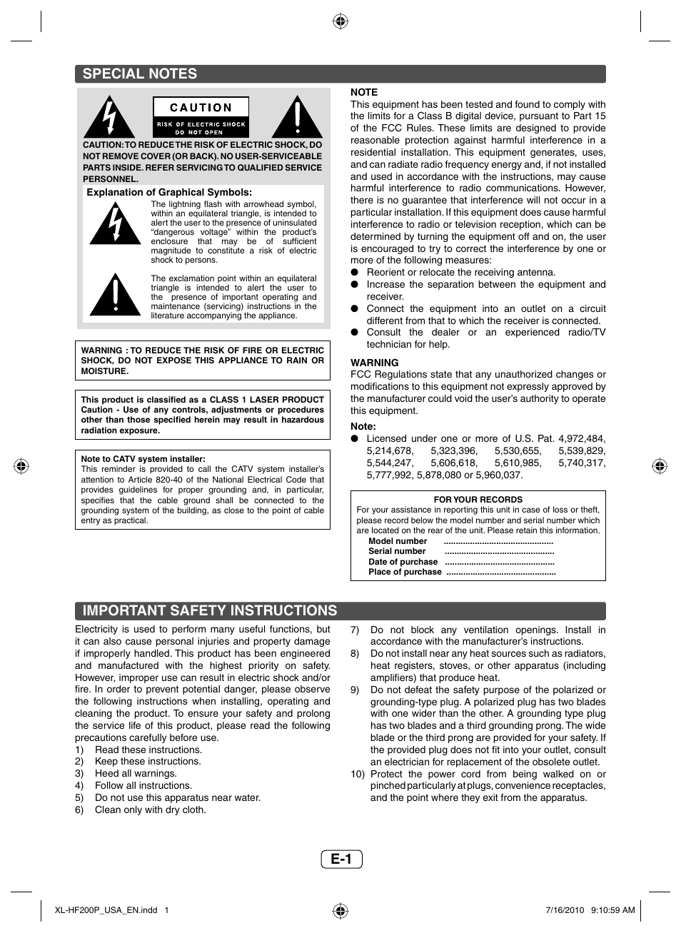 Special notes, Important safety instructions | Sony XL-HF200P(BK) User Manual | Page 2 / 16