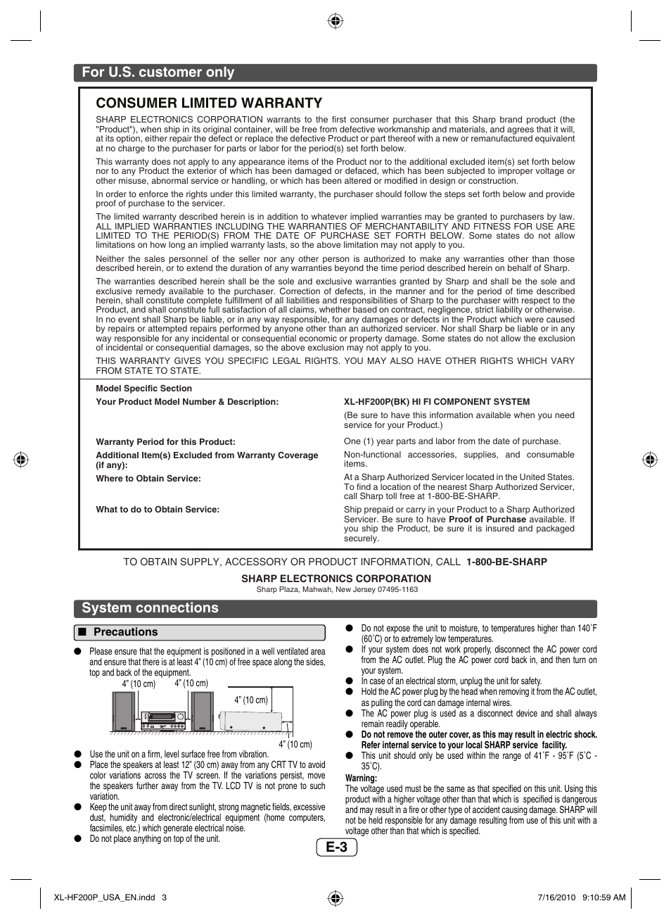 For u.s. customer only, System connections, Precautions | E-3 for u.s. customer only, Consumer limited warranty | Sony XL-HF200P(BK) User Manual | Page 4 / 16