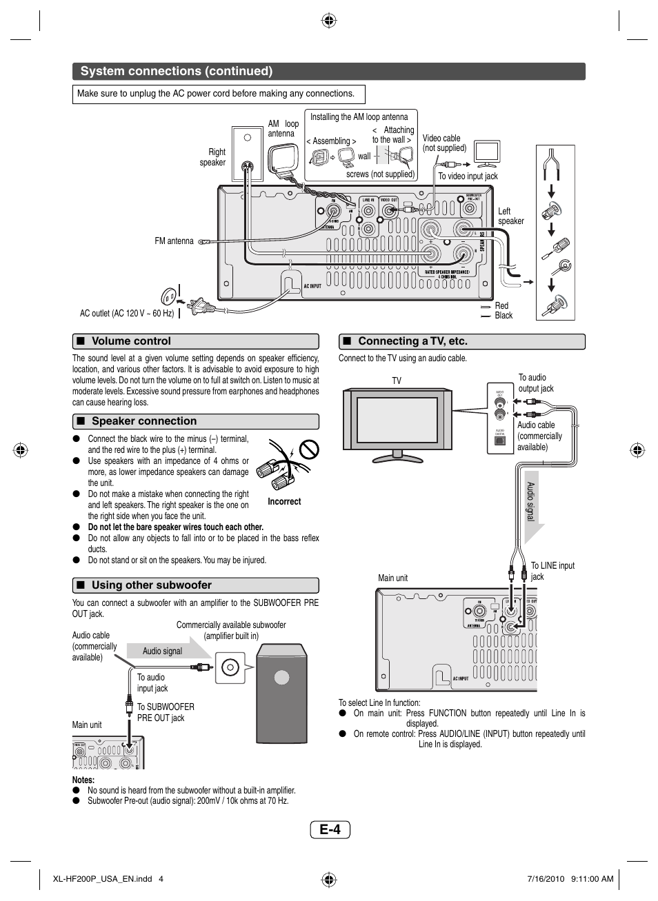 Volume control, Speaker connection, Using other subwoofer | Connecting a tv, etc, System connections (continued) | Sony XL-HF200P(BK) User Manual | Page 5 / 16