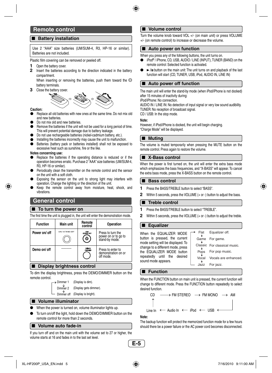 Remote control, Battery installation, General control | To turn the power on, Display brightness control, Volume illuminator, Volume auto fade-in, Volume control, Auto power on function, Auto power off function | Sony XL-HF200P(BK) User Manual | Page 6 / 16