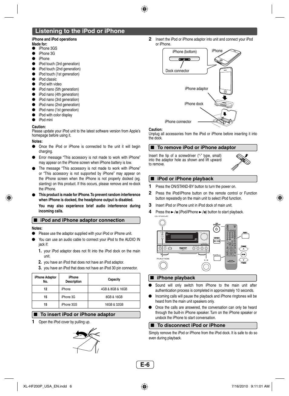 Listening to the ipod or iphone, Ipod and iphone adaptor connection, To insert ipod or iphone adaptor | To remove ipod or iphone adaptor, Ipod or iphone playback, Iphone playback, To disconnect ipod or iphone | Sony XL-HF200P(BK) User Manual | Page 7 / 16
