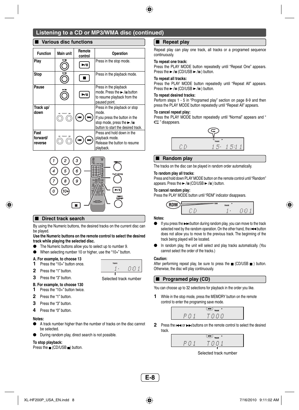 Various disc functions, Direct track search, Repeat play | Random play, Programed play (cd), Listening to a cd or mp3/wma disc (continued) | Sony XL-HF200P(BK) User Manual | Page 9 / 16