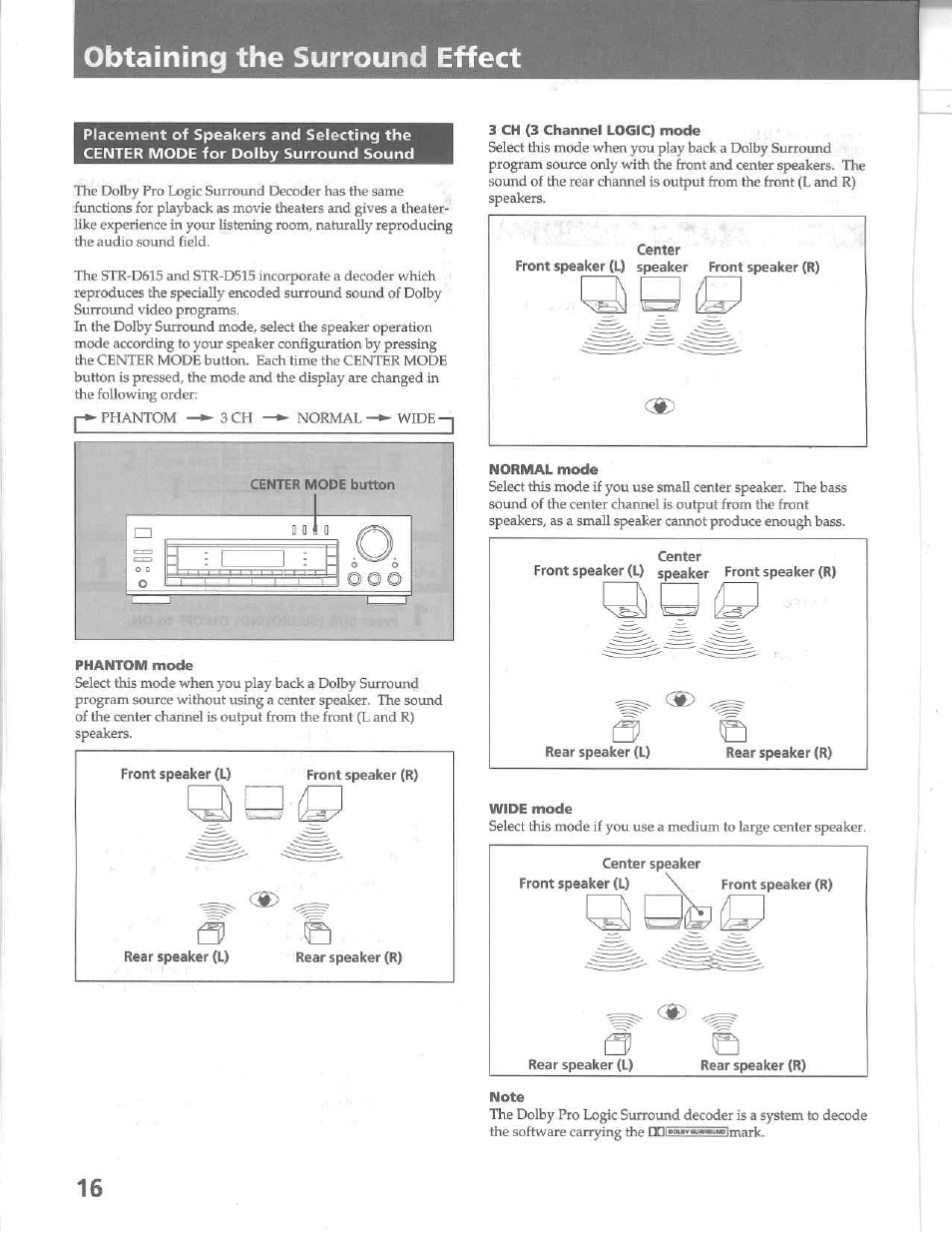 Phantom mode, 3 ch (3 channel logic) mode, Normal mode | Wide mode, Obtaining the surround effect | Sony STR-D515 User Manual | Page 16 / 24