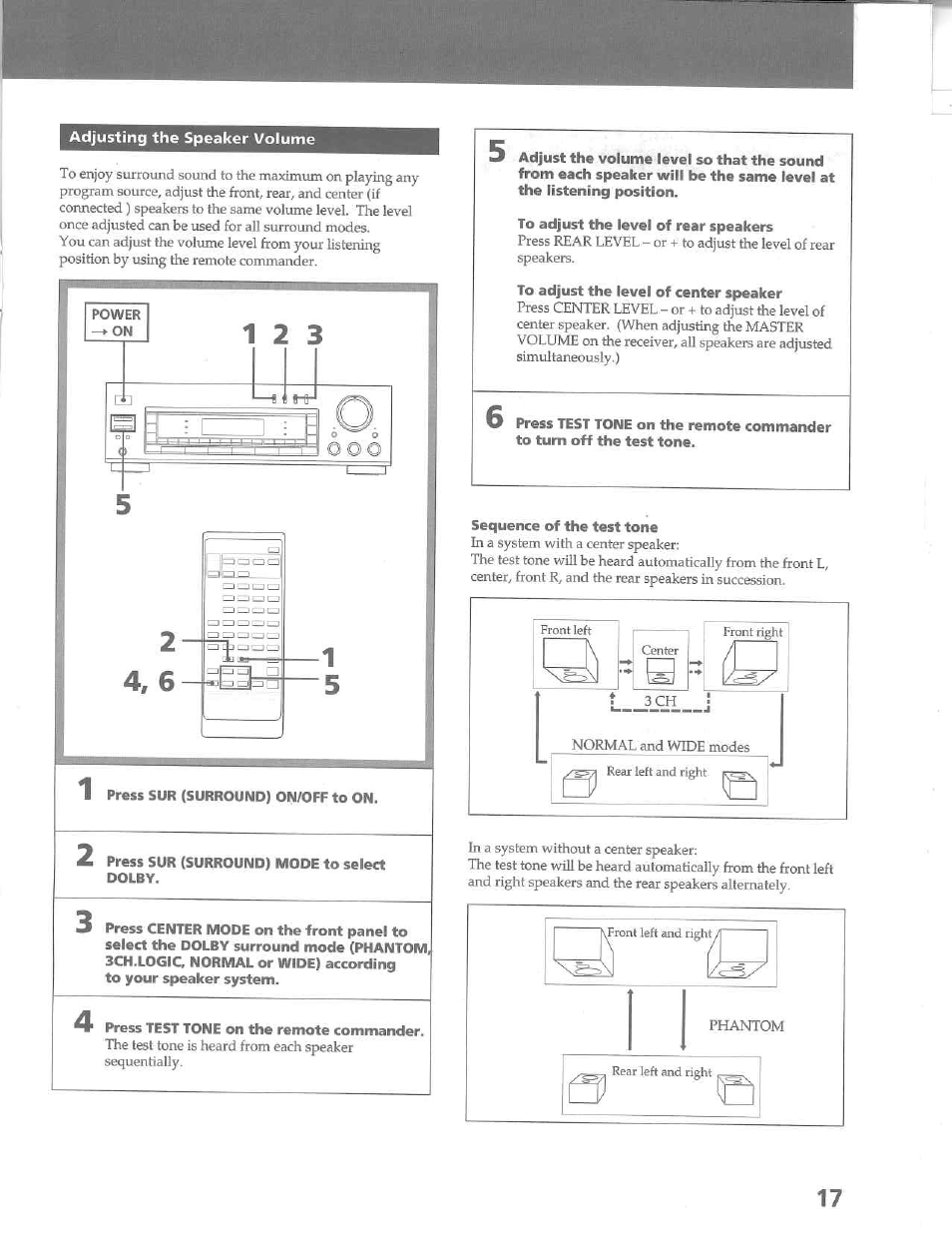 Adjusting the speaker volume, To adjust the level of rear speakers, To adjust the level of center speaker | Sequence of the test tone | Sony STR-D515 User Manual | Page 17 / 24