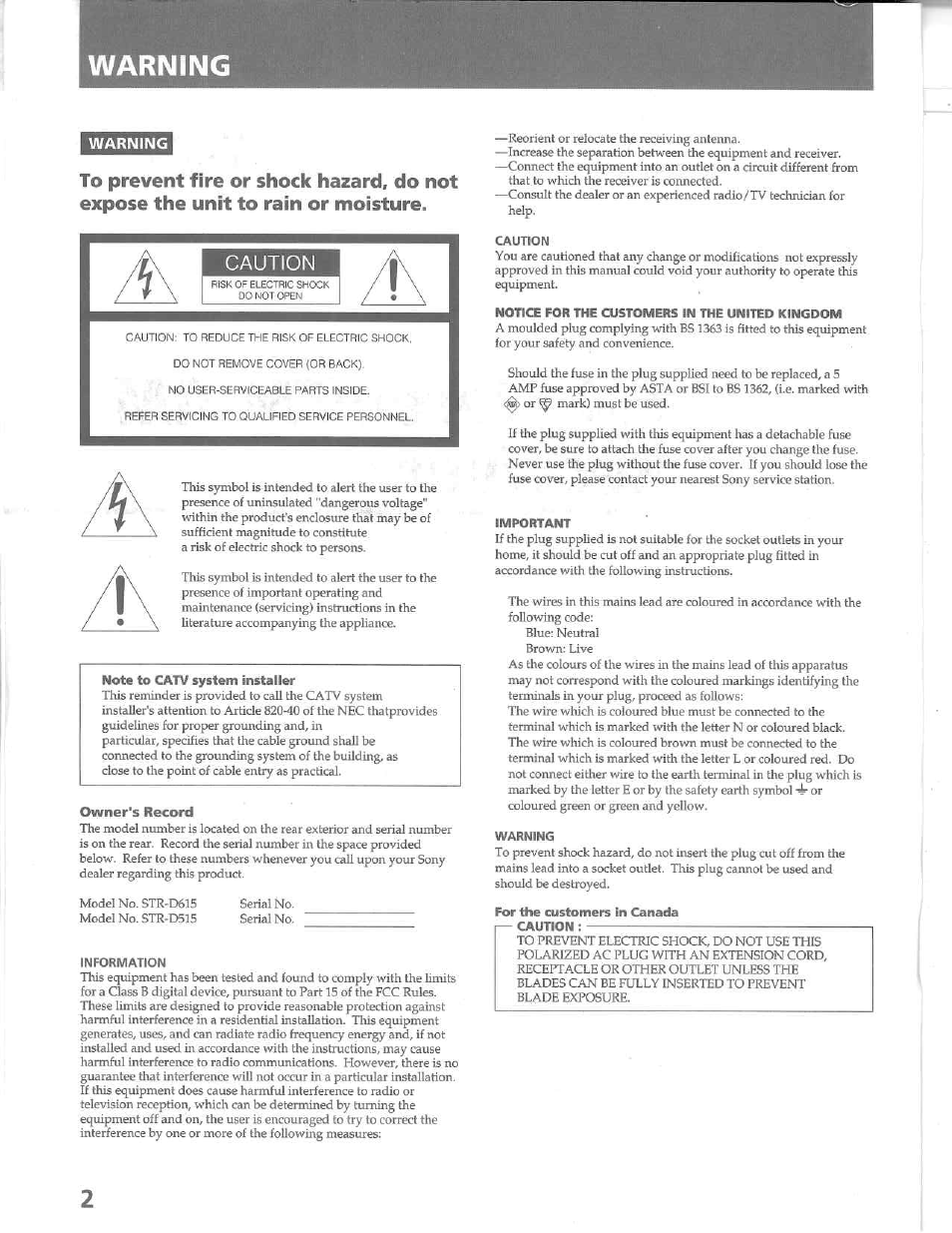 Warning, Owner's record | Sony STR-D515 User Manual | Page 2 / 24