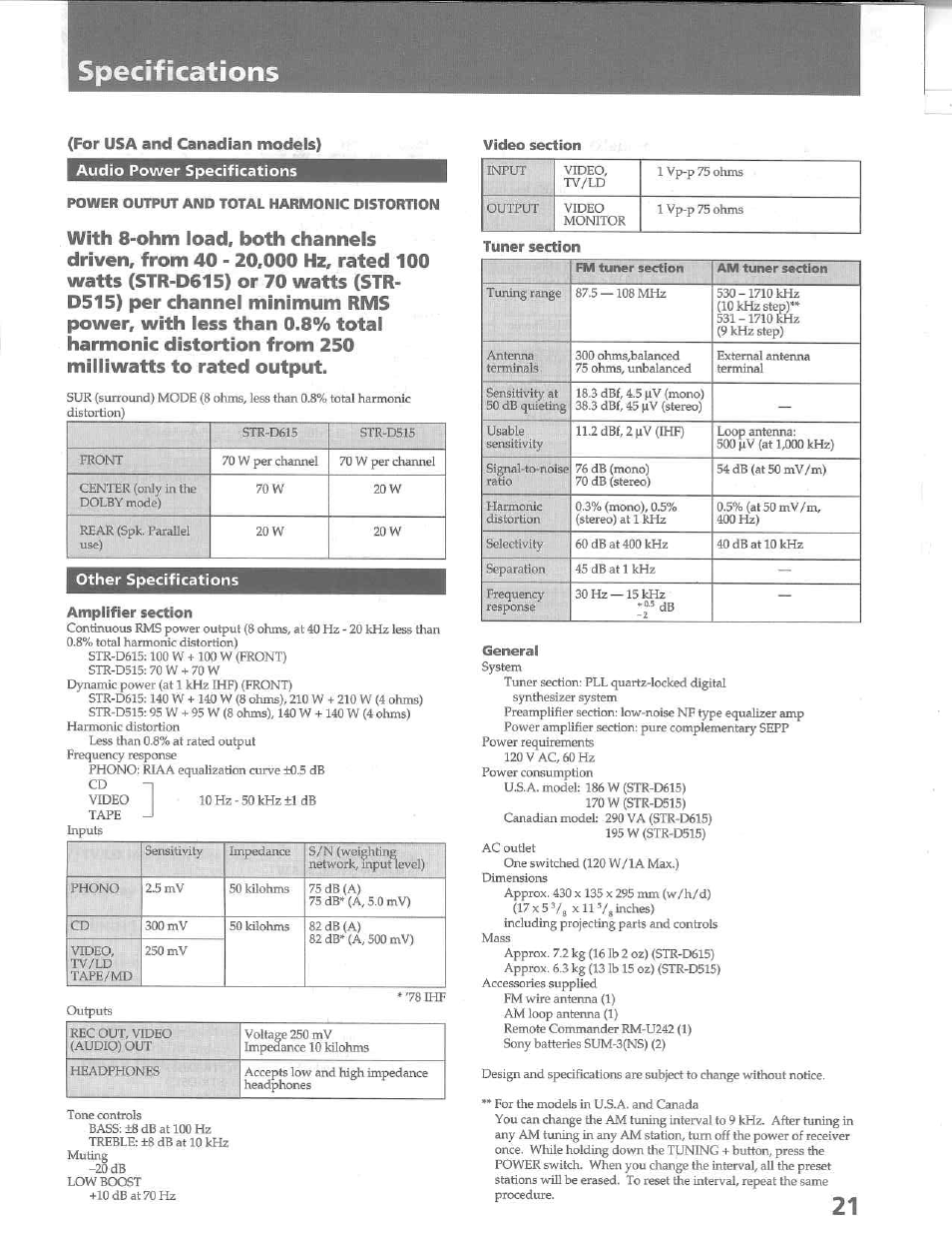 Specifications, Audio power specifications, Power output and total harmonic distortion | Video section, Other specifications, Amplifier section, Tuner section, General, For usa and canadian models) | Sony STR-D515 User Manual | Page 21 / 24