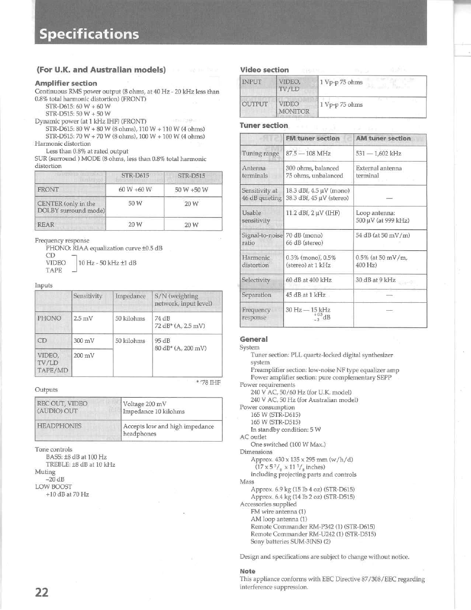 Specifications, For u.k. and australian models), Amplifier section | Video section, Tuner section, General | Sony STR-D515 User Manual | Page 22 / 24