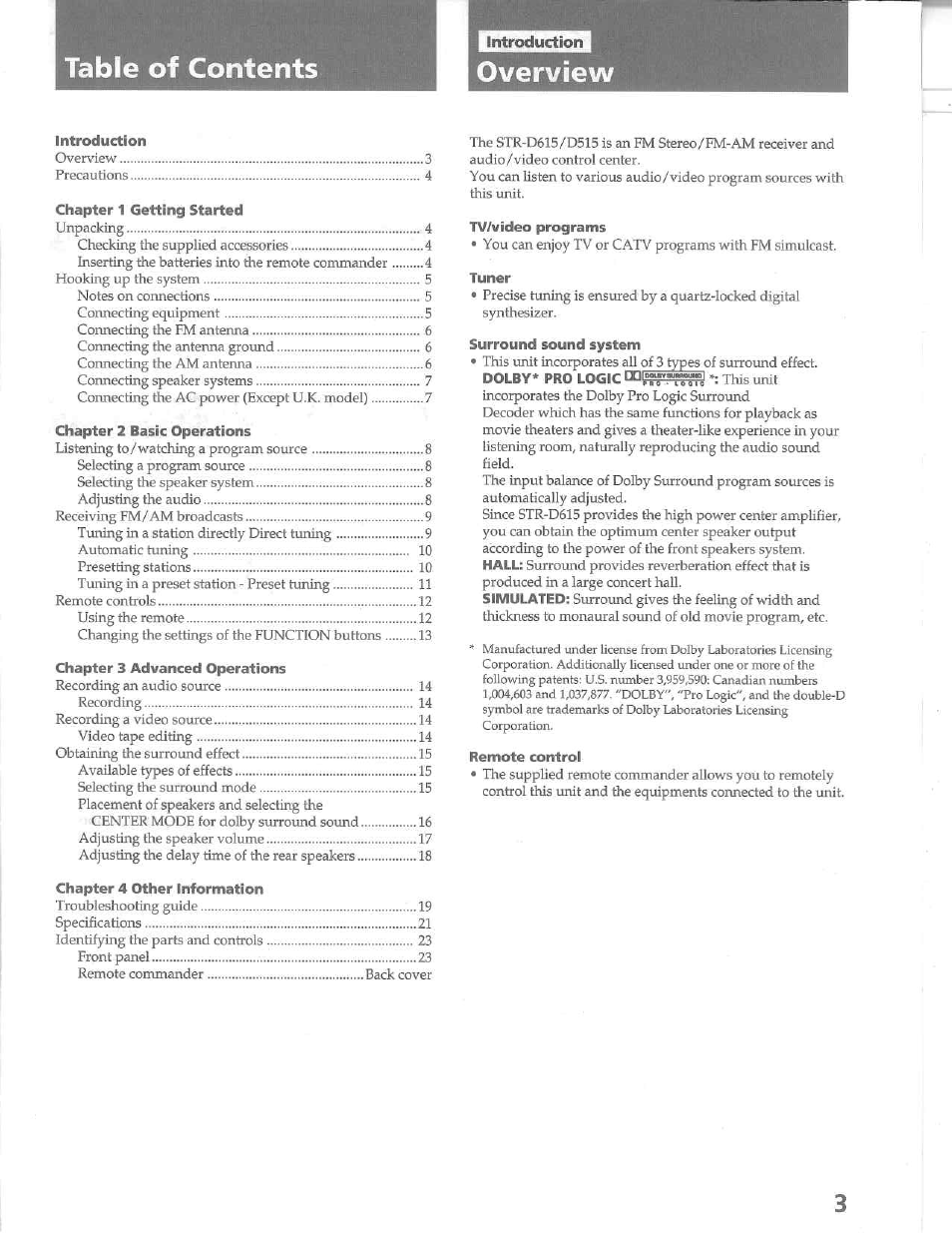 Table of contents overview | Sony STR-D515 User Manual | Page 3 / 24