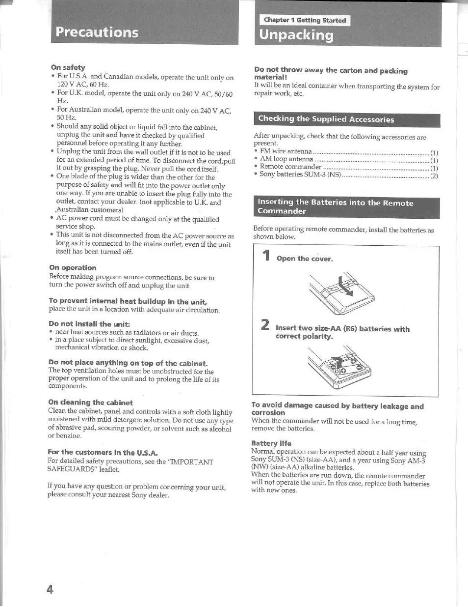 On safety, On operation, To prevent internal heat buildup in the unit | Do not install the unit, Do not place anything on top of the cabinet, On cleaning the cabinet, For the customers in the u.s.a, Do not throw away the carton and packing material, Checking the suppiied accessories, Inserting the batteries into the remote commander | Sony STR-D515 User Manual | Page 4 / 24