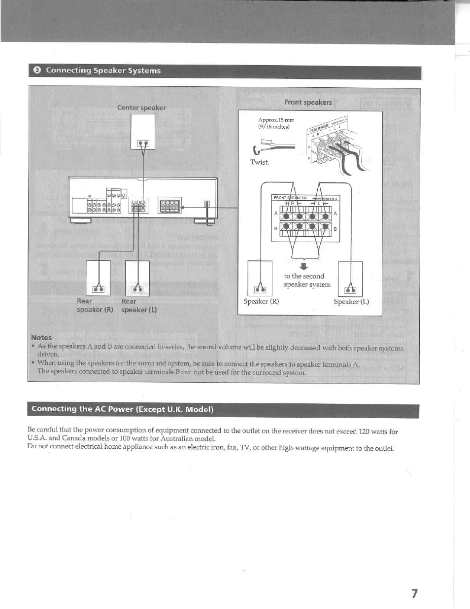 Connecting speaker systems, Front speakers, Connecting the ac power (except u.k. model) | Sony STR-D515 User Manual | Page 7 / 24
