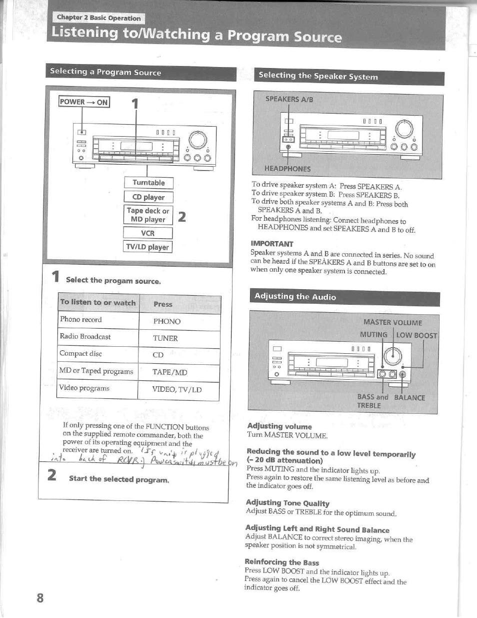 Listening to/watching a program source, Selecting a program source, Selecting the speaker system | Power on, Cd player, Tape deck or md player, Tv/ld player, Important, Adjusting the audio, Adjusting volume | Sony STR-D515 User Manual | Page 8 / 24