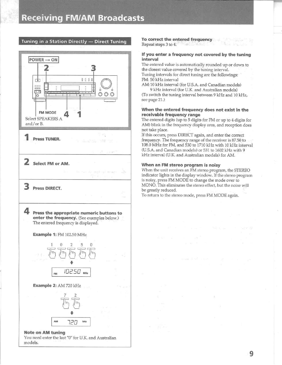 Receiving fm/am broadcasts, To correct the entered frequency, When an fm stereo program is noisy | Sony STR-D515 User Manual | Page 9 / 24