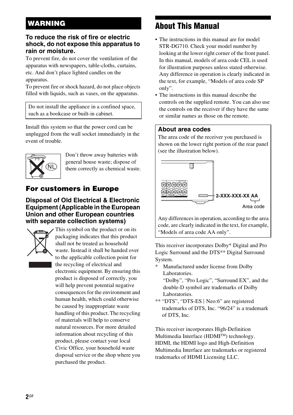 About this manual, For customers in europe, Warning | About area codes | Sony STR-DG710 User Manual | Page 2 / 80