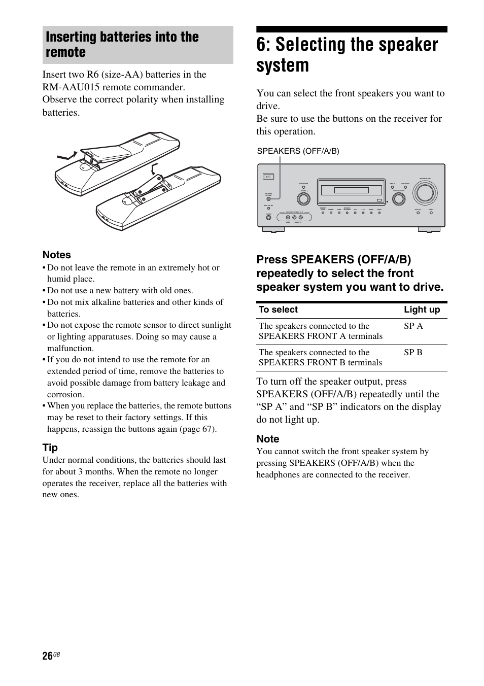 Selecting the speaker system, Inserting batteries into the remote, Speakers (off/a/b) | Sony STR-DG710 User Manual | Page 26 / 80