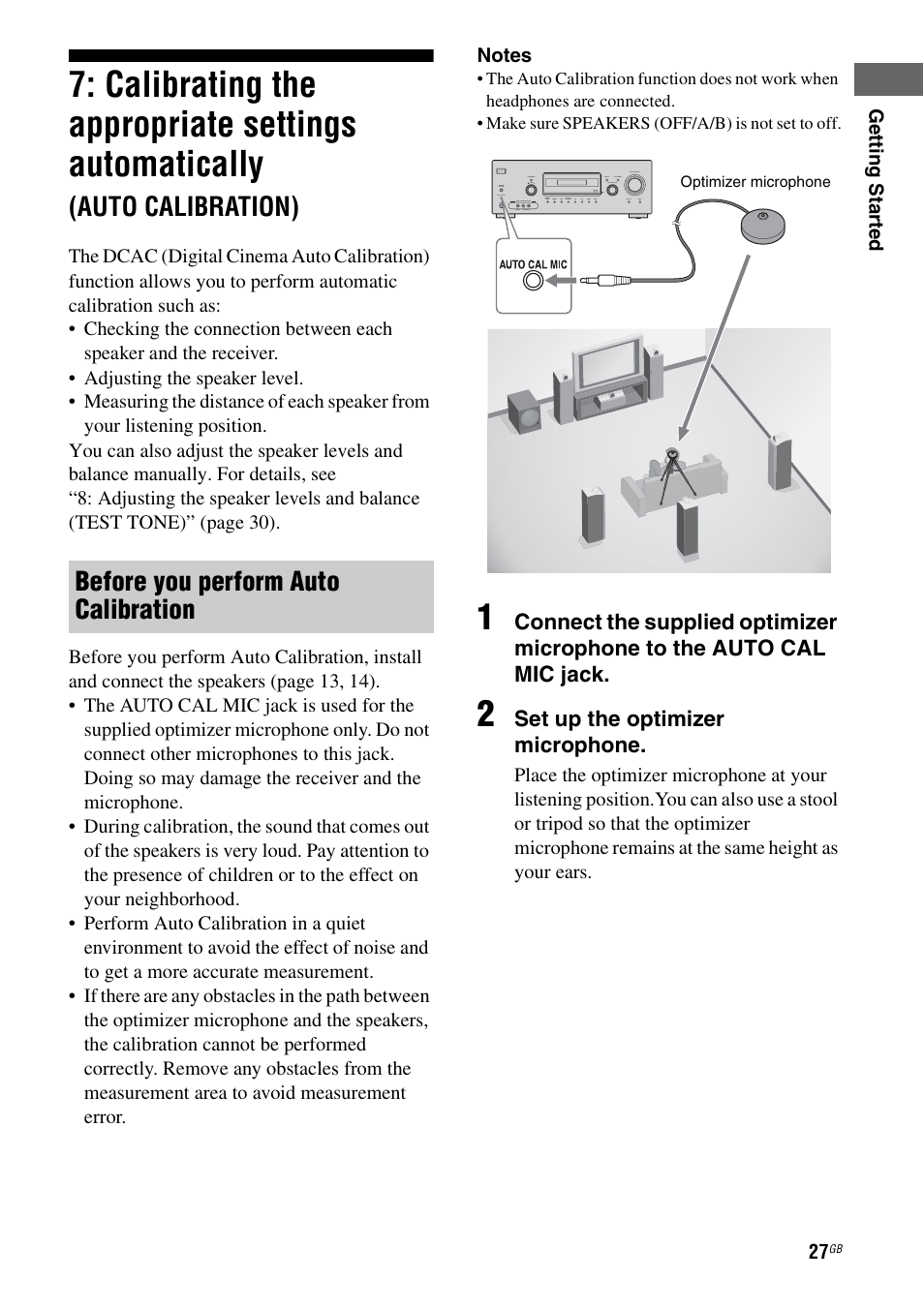 Calibrating the appropriate settings, Automatically, Auto calibration) | Calibrating the appropriate settings automatically, Before you perform auto calibration, Set up the optimizer microphone | Sony STR-DG710 User Manual | Page 27 / 80