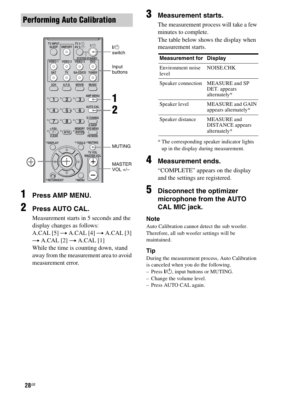 Performing auto calibration, Press amp menu, Press auto cal | Measurement starts, Measurement ends | Sony STR-DG710 User Manual | Page 28 / 80