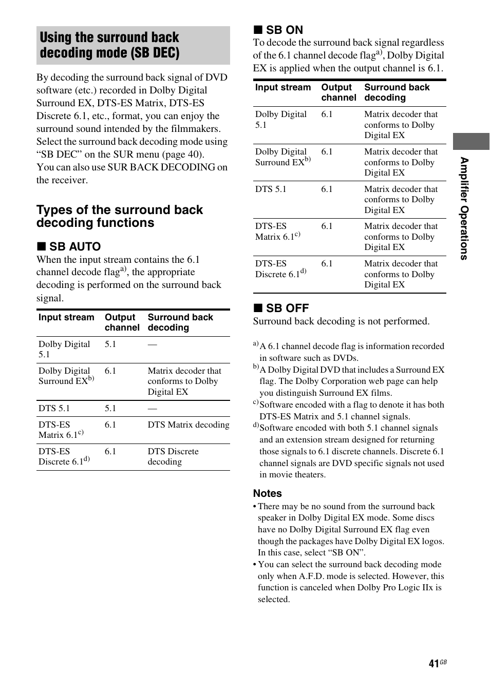 Using the surround back decoding mode (sb dec), Types of the surround back decoding functions, X sb auto | X sb on, X sb off | Sony STR-DG710 User Manual | Page 41 / 80