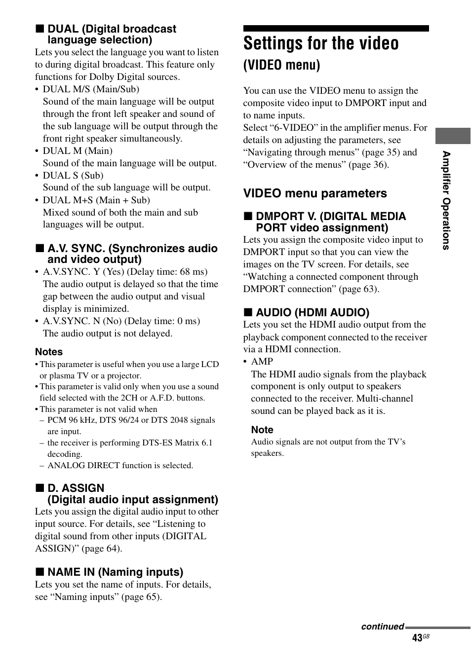 Settings for the video (video menu), Settings for the video, Video menu) | Video menu parameters | Sony STR-DG710 User Manual | Page 43 / 80