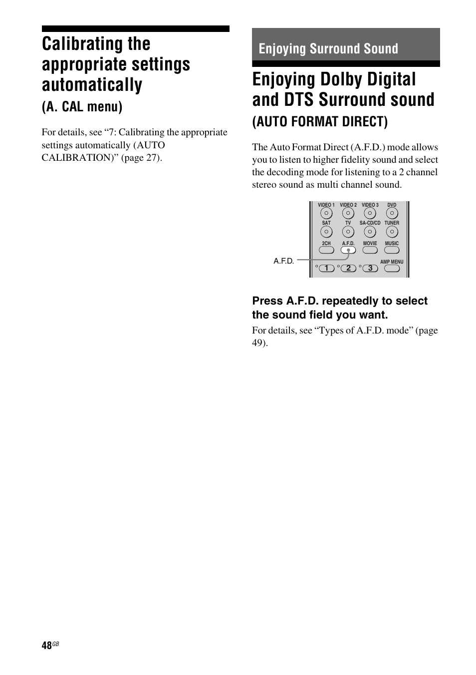 Enjoying surround sound, Calibrating the appropriate settings, Automatically (a. cal menu) | Enjoying dolby digital and dts surround, Sound (auto format direct), Calibrating the appropriate settings automatically, Enjoying dolby digital and dts surround sound, A. cal menu), Auto format direct) | Sony STR-DG710 User Manual | Page 48 / 80