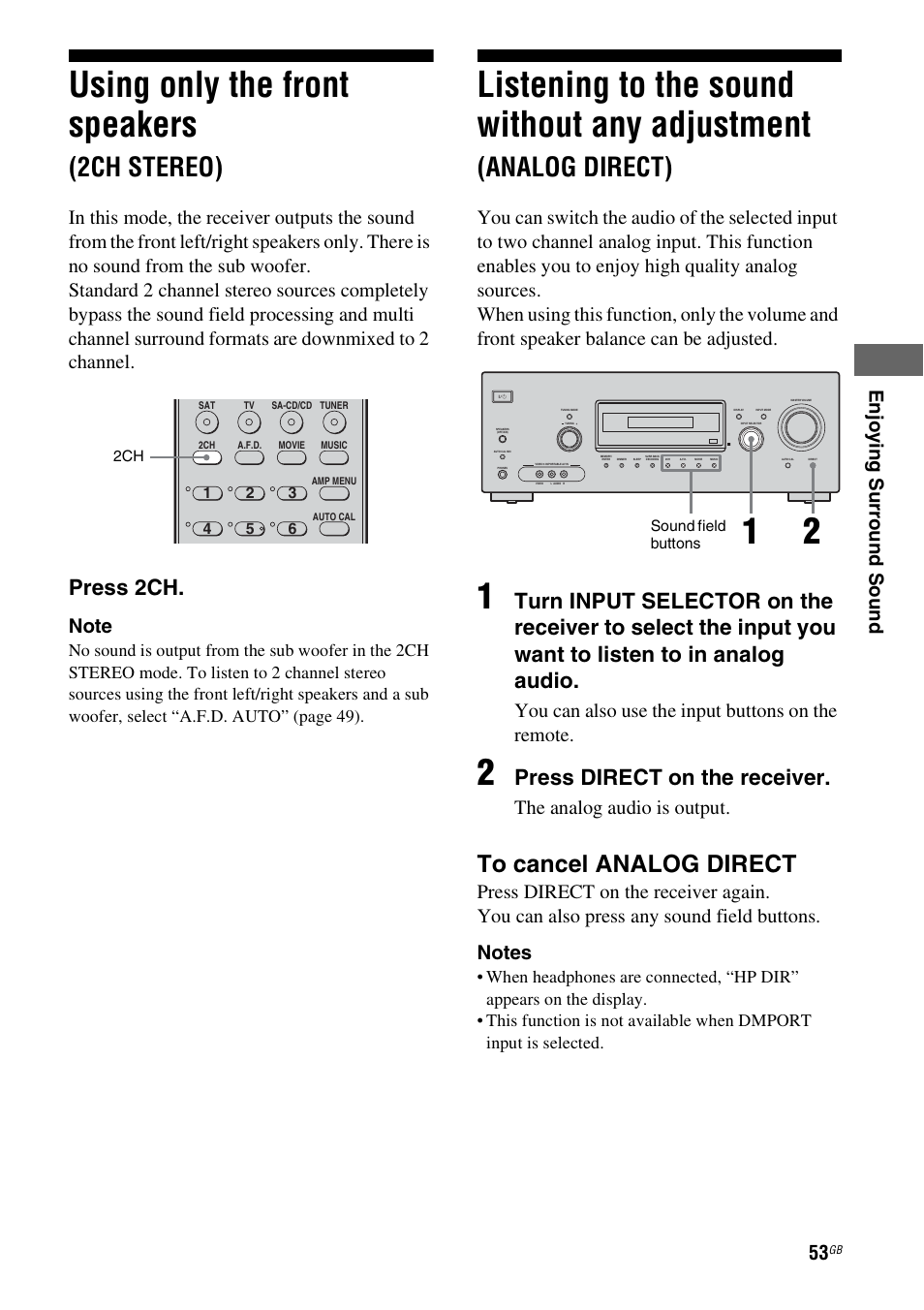 Using only the front speakers (2ch stereo), Using only the front speakers, 2ch stereo) | Listening to the sound without any adjustment, Analog direct), Press 2ch, Press direct on the receiver, En jo ying surr o und s ound, You can also use the input buttons on the remote, The analog audio is output | Sony STR-DG710 User Manual | Page 53 / 80