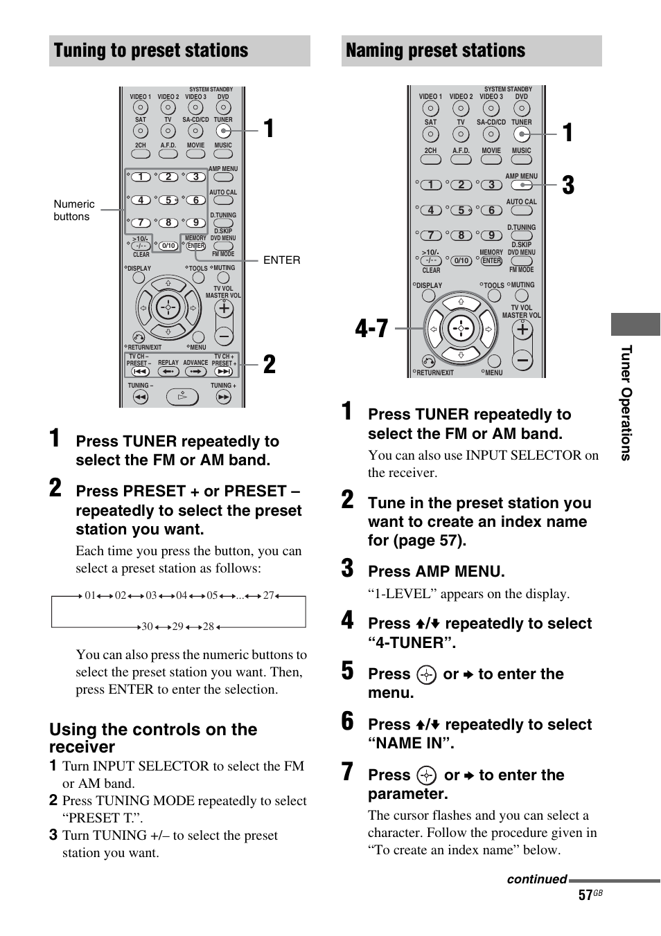 Tuning to preset stations, Naming preset stations, Using the controls on the receiver | Press tuner repeatedly to select the fm or am band, Press amp menu, Press v / v repeatedly to select “4-tuner, Press or b to enter the menu, Press v / v repeatedly to select “name in, Press or b to enter the parameter, Turn input selector to select the fm or am band | Sony STR-DG710 User Manual | Page 57 / 80