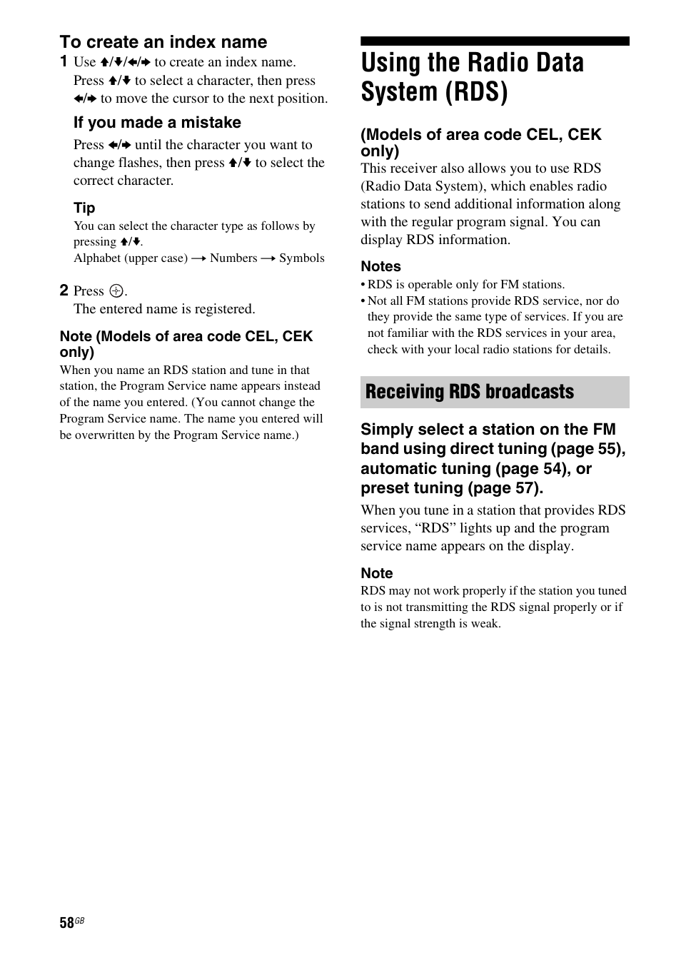 Using the radio data system (rds), Models of area code cel, cek only), Receiving rds broadcasts | Sony STR-DG710 User Manual | Page 58 / 80