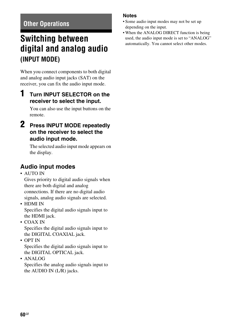 Other operations, Switching between digital and analog audio, Input mode) | Sony STR-DG710 User Manual | Page 60 / 80