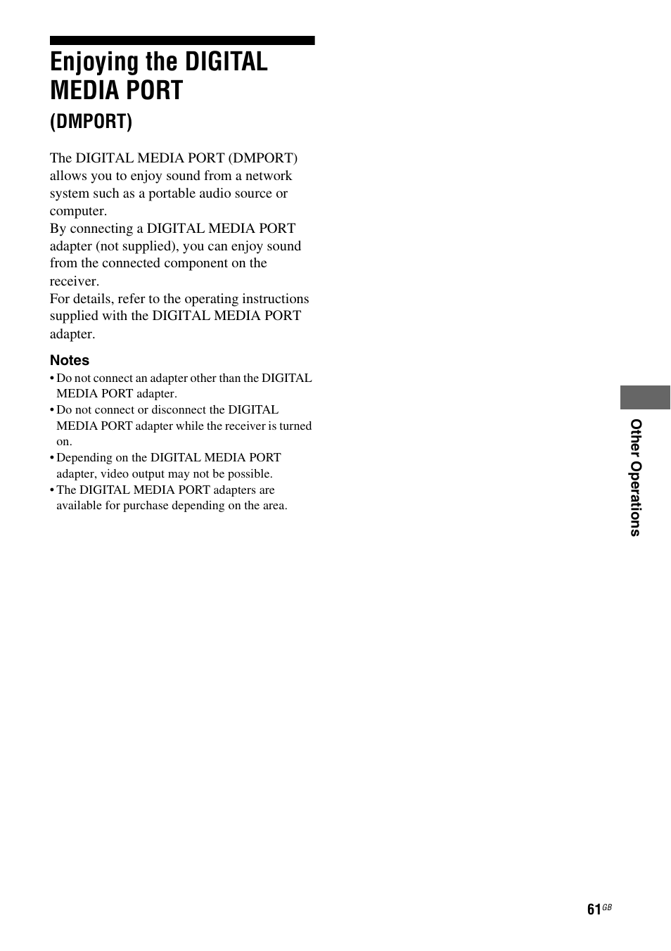 Enjoying the digital media port (dmport), Enjoying the digital media port, Dmport) | Sony STR-DG710 User Manual | Page 61 / 80