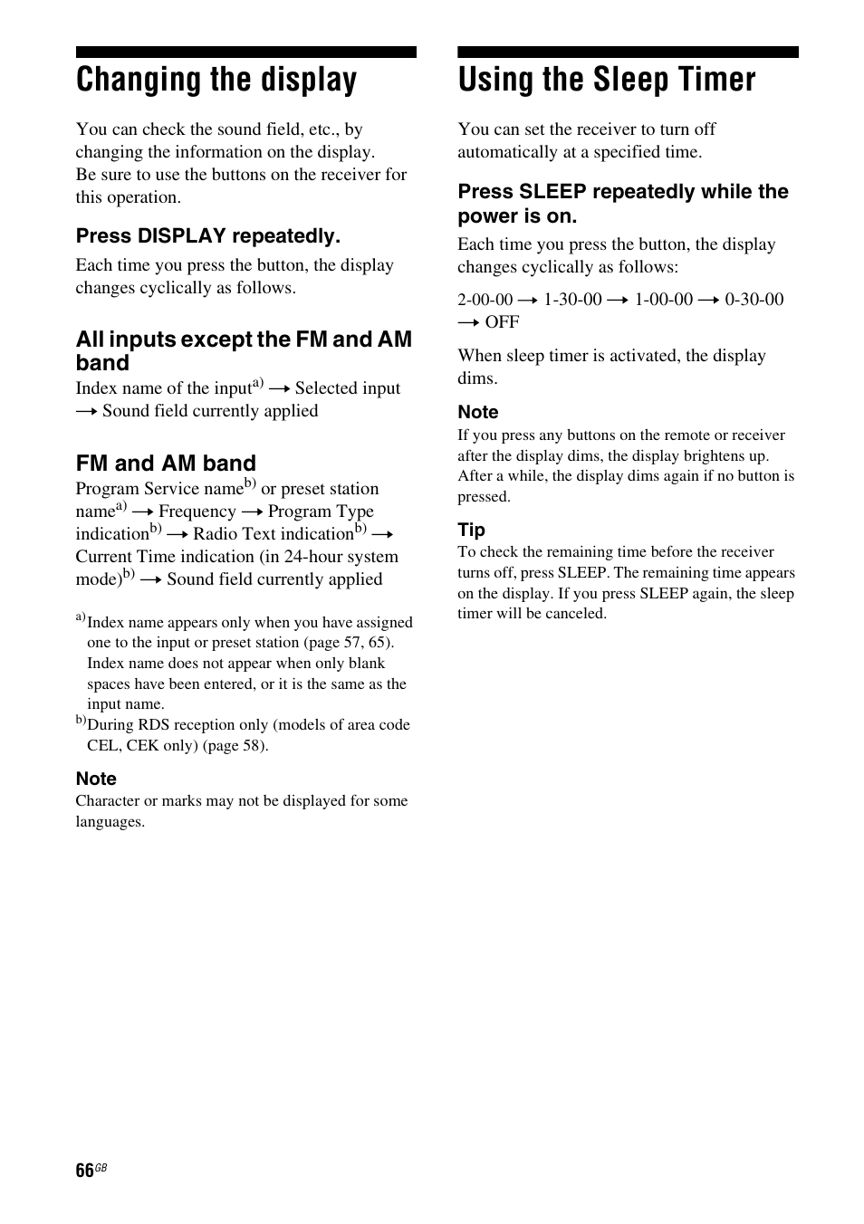 Changing the display, Using the sleep timer, Changing the display using the sleep timer | All inputs except the fm and am band, Fm and am band | Sony STR-DG710 User Manual | Page 66 / 80