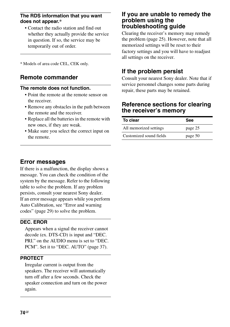 Remote commander, Error messages, If the problem persist | Sony STR-DG710 User Manual | Page 74 / 80