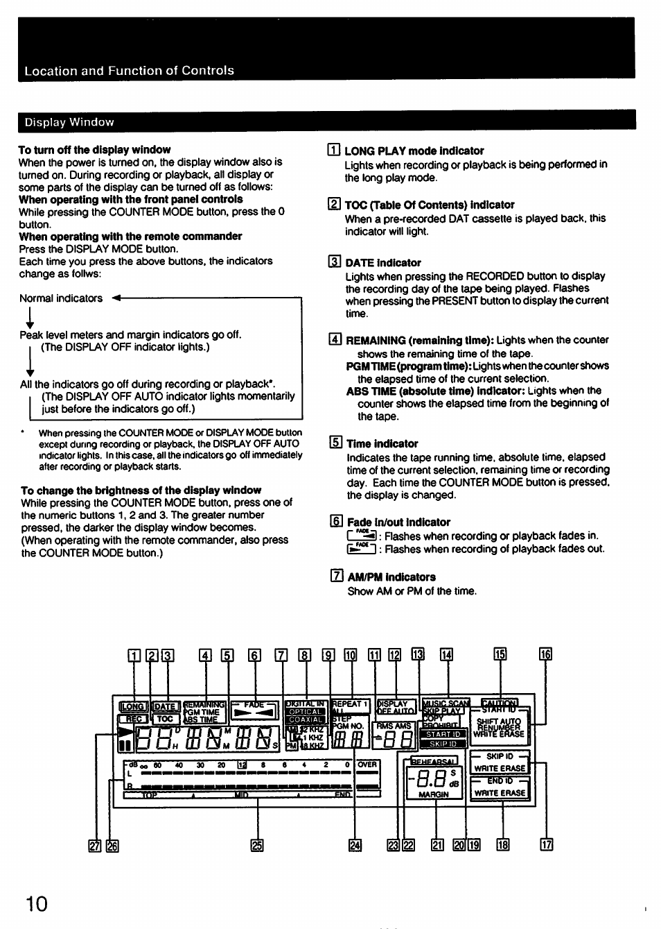 To turn off the display window, G] long play mode indicator, M date indicator | D time indicator, Id fade in/out indicator, Id am/pm indicators | Sony DTC-57ES User Manual | Page 10 / 49