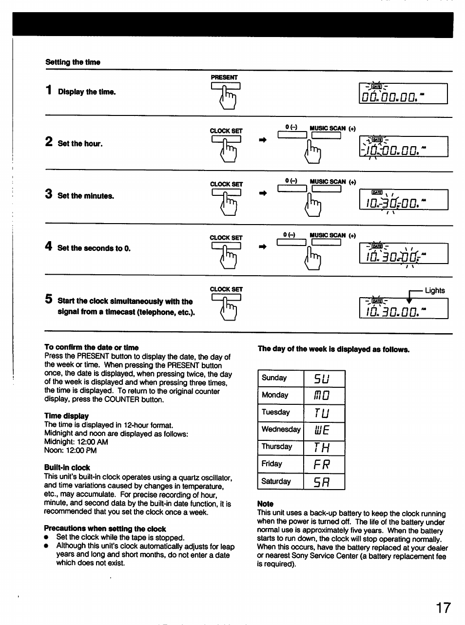 Setting the time, 1 display the time, 2 set the hour | 3 set the minutes, 4 set the seconds to 0, To confirm the date or time, Time display, Built-in clock, Precautions when setting the clock, The day of the week is displayed as follows | Sony DTC-57ES User Manual | Page 17 / 49