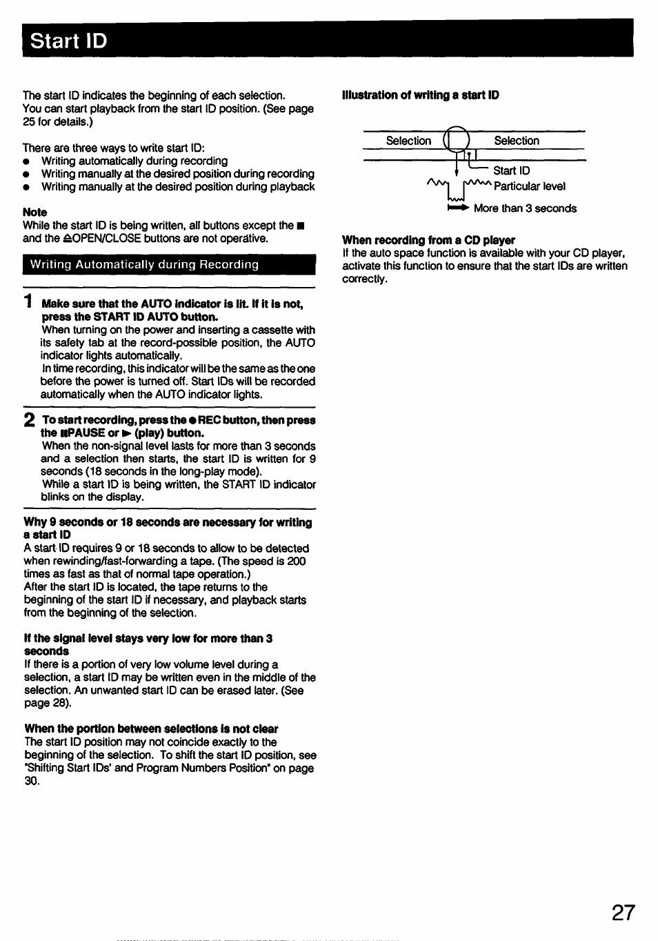 Start id, Note, When the portion between selections is not clear | Illustration of writing a start id, When recording from a cd player | Sony DTC-57ES User Manual | Page 27 / 49