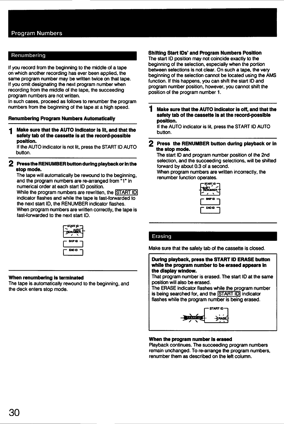 Renumbering program numbers automatically, When renumbering is terminated, Shifting start ids’ and program numbers position | When the program number is erased | Sony DTC-57ES User Manual | Page 30 / 49