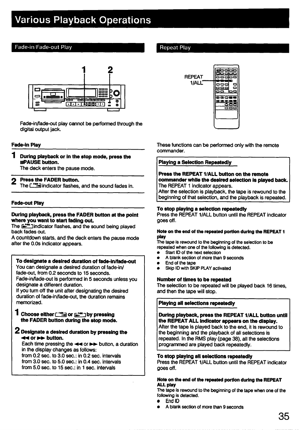Various playback operations, Fade-in play, 2 press the fader button | Fade-out play, To stop playing a selection repeatedly, Number of times to be repeated | Sony DTC-57ES User Manual | Page 35 / 49