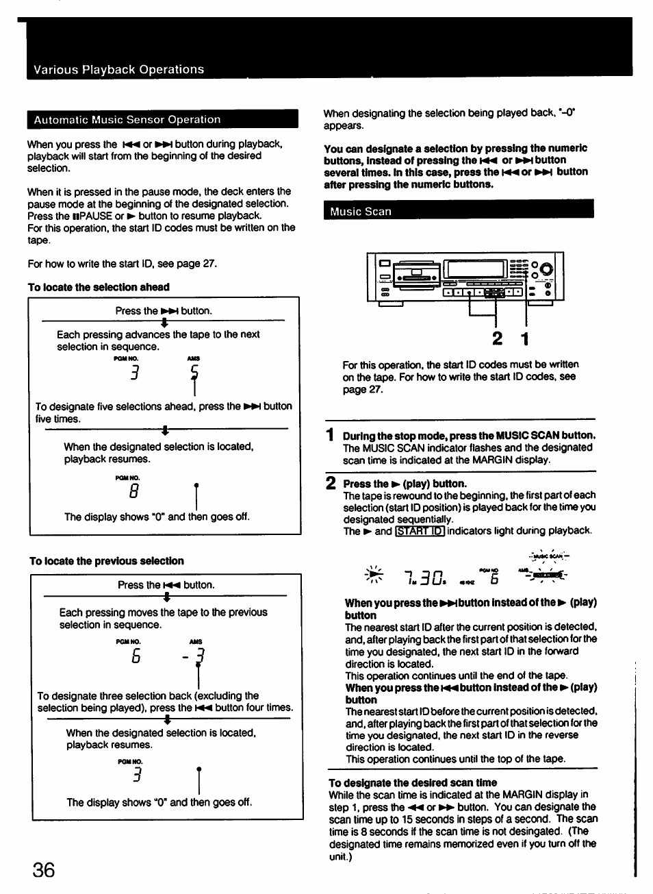 To locate the selection ahead, 2 press the ► (play) button, To locate the previous selection | To designate the desired scan time, Ll i, S nrn 2 | Sony DTC-57ES User Manual | Page 36 / 49