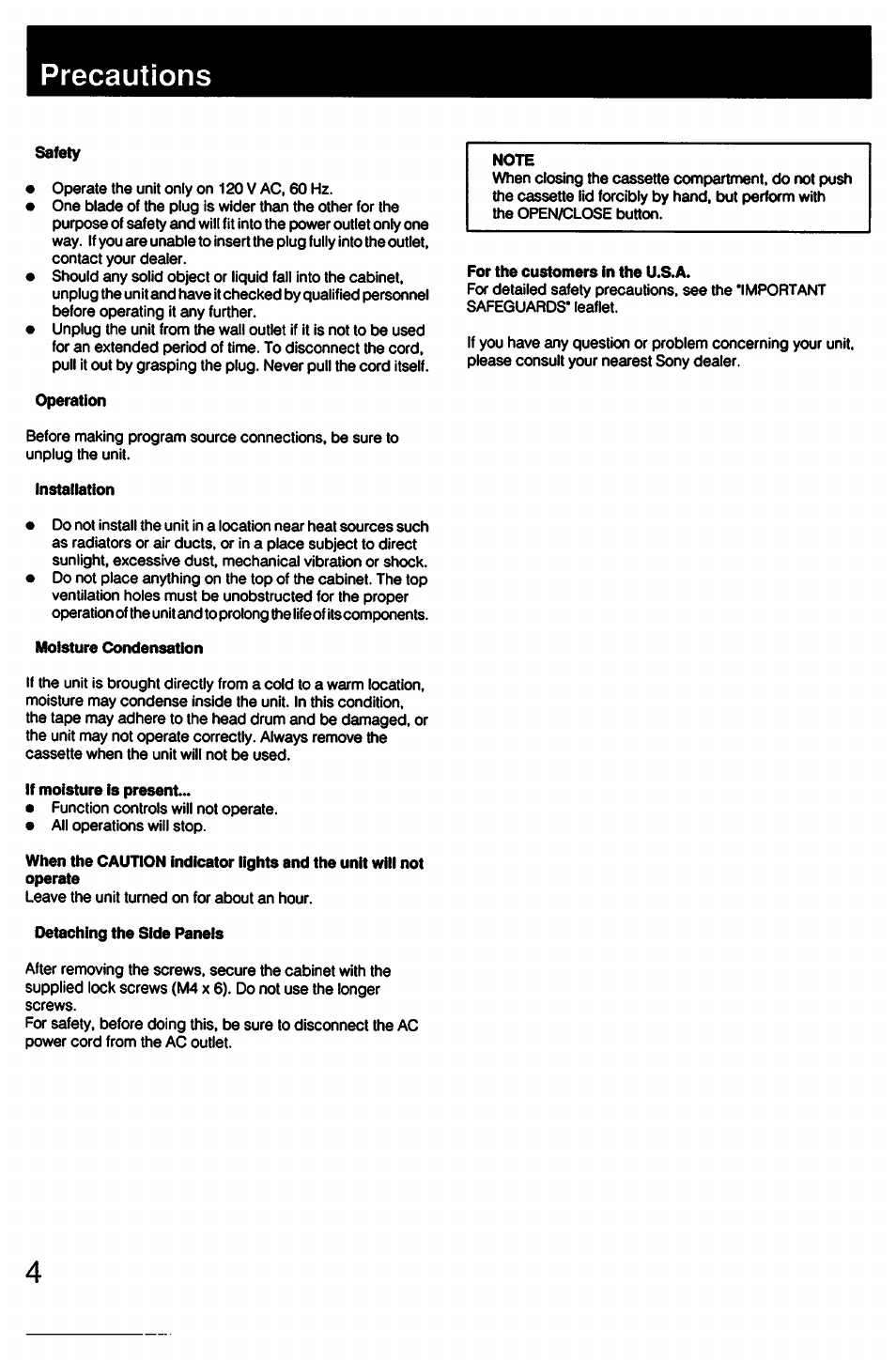 Precautions, Safety, Operation | Installation, Moisture condensation, For the customers in the u.s.a, If moisture is present, Detaching the side panels | Sony DTC-57ES User Manual | Page 4 / 49