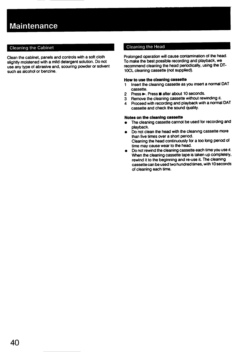 Maintenance, How to use the cleaning cassette, Notes on the cleaning cassette | Sony DTC-57ES User Manual | Page 40 / 49