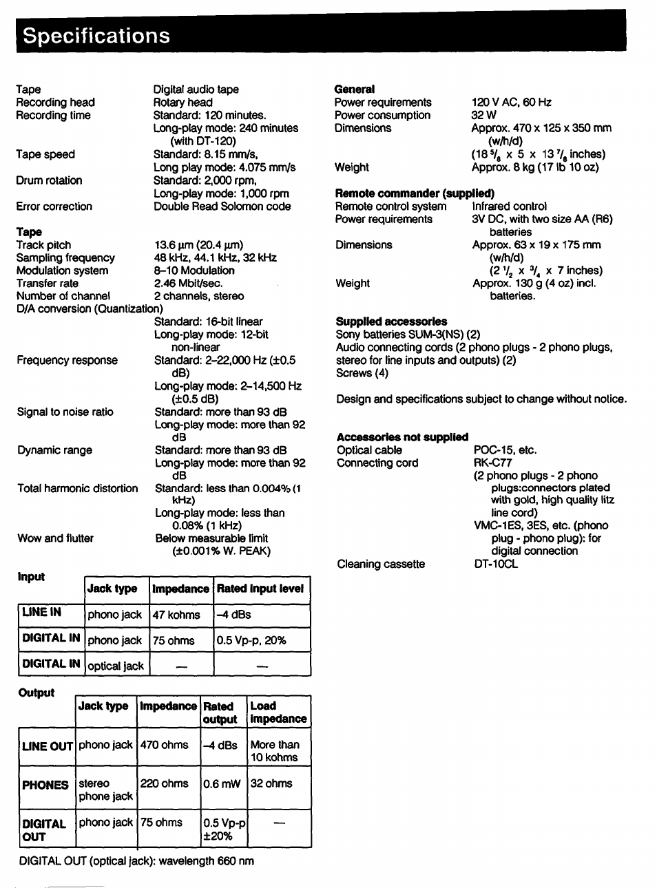Specifications, Input, Line in | Digital in, Jack type, Impedance, Rated input level, General, Remote commander (supplied), Supplied accessories | Sony DTC-57ES User Manual | Page 49 / 49