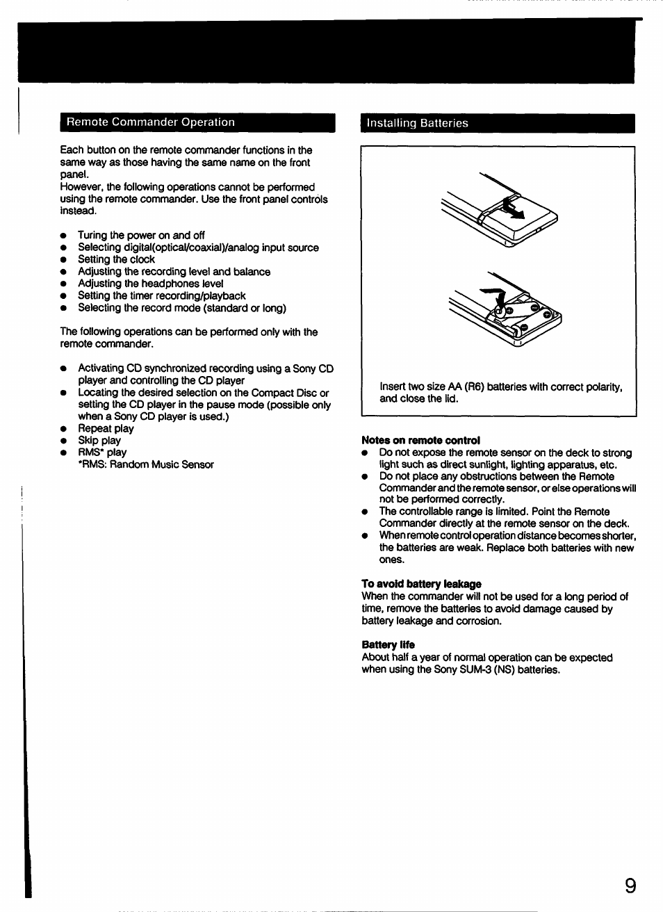 Notes on remote control, To avoid battery leakage, Battery life | Sony DTC-57ES User Manual | Page 9 / 49