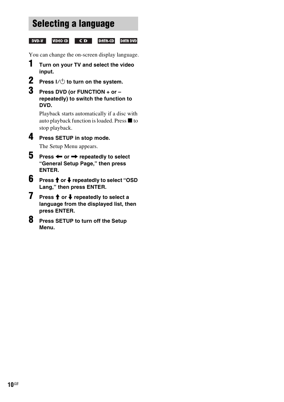 Selecting a language | Sony CMT-DF1 User Manual | Page 10 / 52