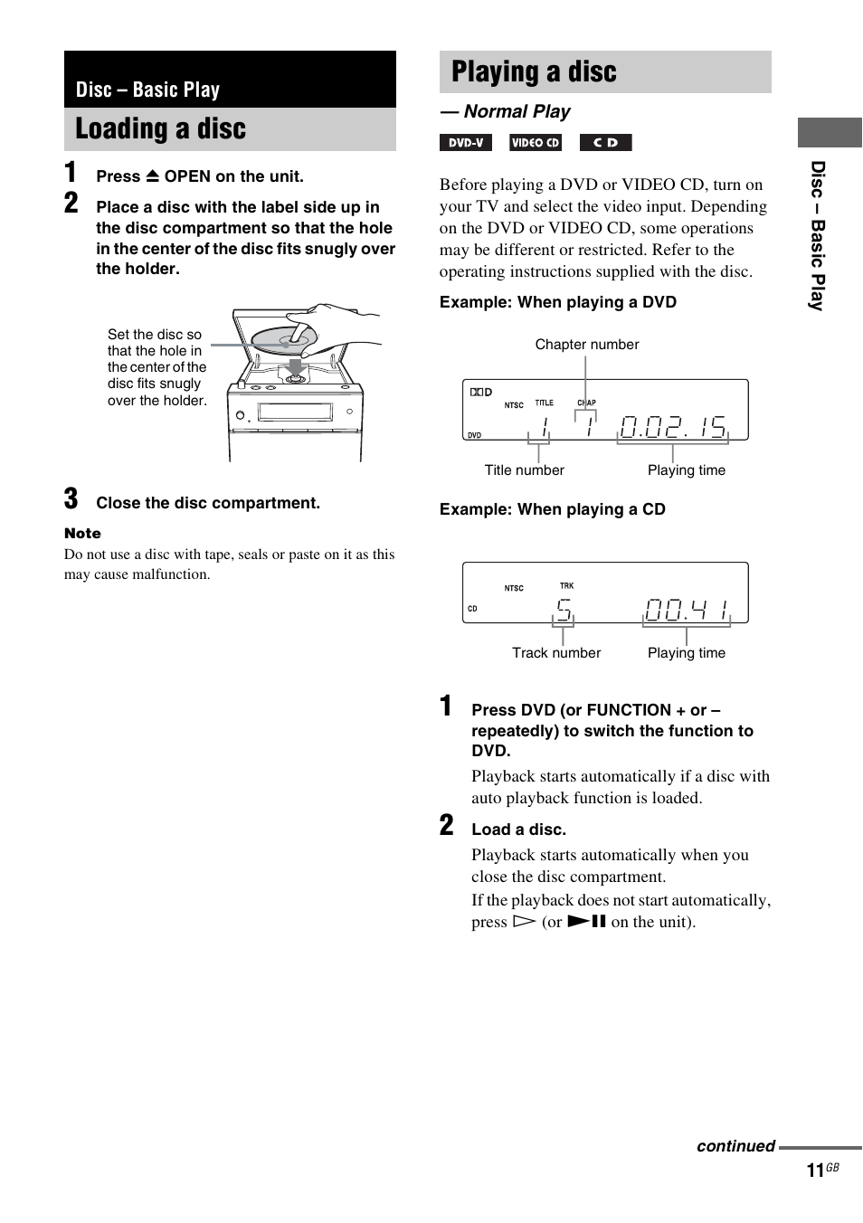 Disc – basic play, Loading a disc, Playing a disc | Normal play, Loading a disc playing a disc | Sony CMT-DF1 User Manual | Page 11 / 52