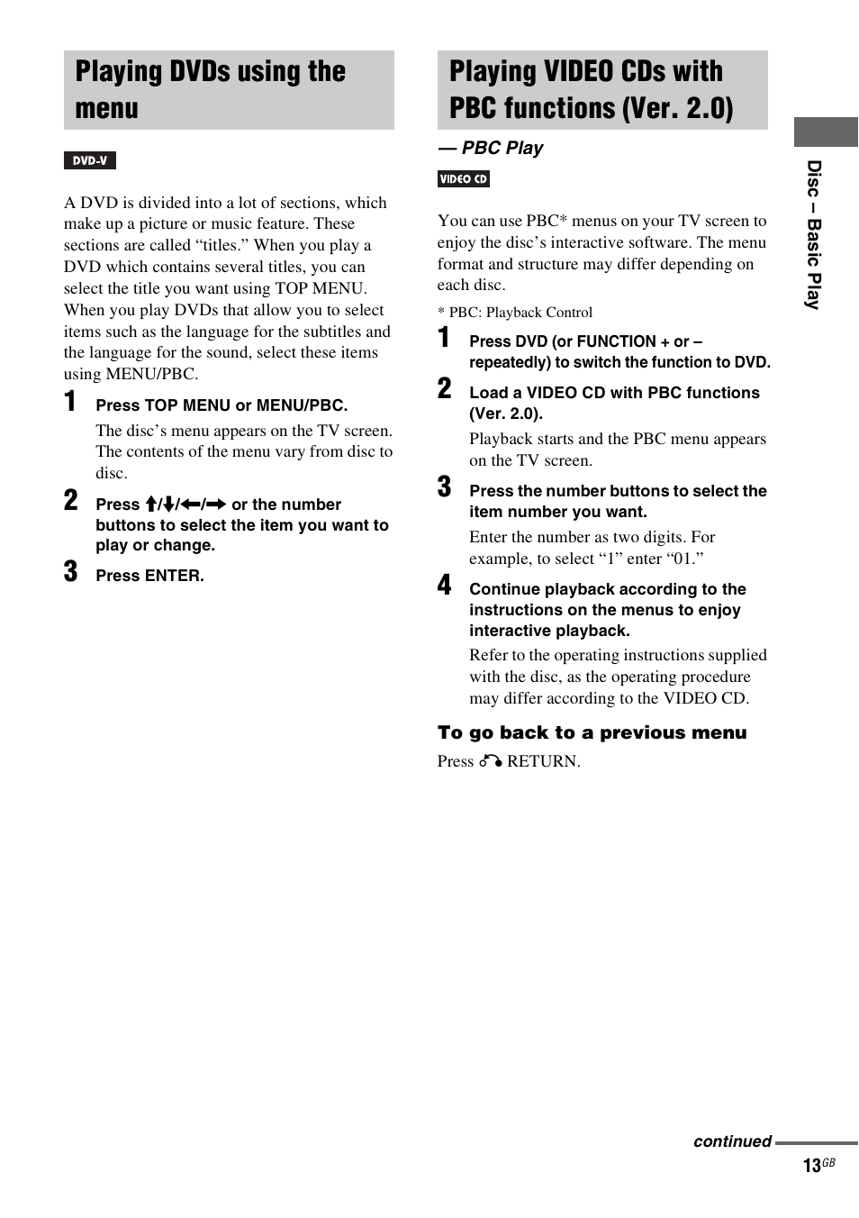 Playing dvds using the menu, Playing video cds with pbc functions (ver. 2.0), Pbc play | Ver. 2.0) — pbc play | Sony CMT-DF1 User Manual | Page 13 / 52