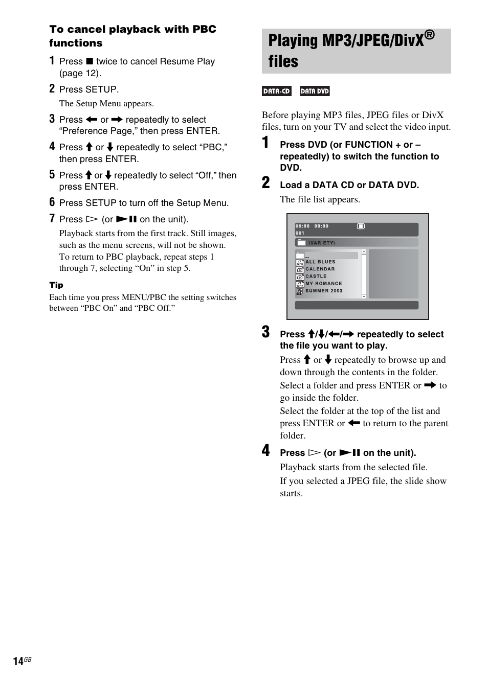 Playing mp3/jpeg/divx® files, Playing mp3/jpeg/divx, Files | Sony CMT-DF1 User Manual | Page 14 / 52