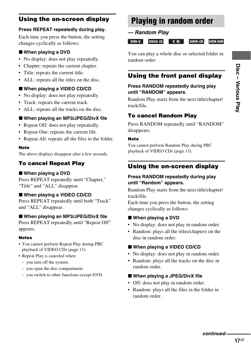 Playing in random order, Random play, Using the on-screen display | Using the front panel display | Sony CMT-DF1 User Manual | Page 17 / 52