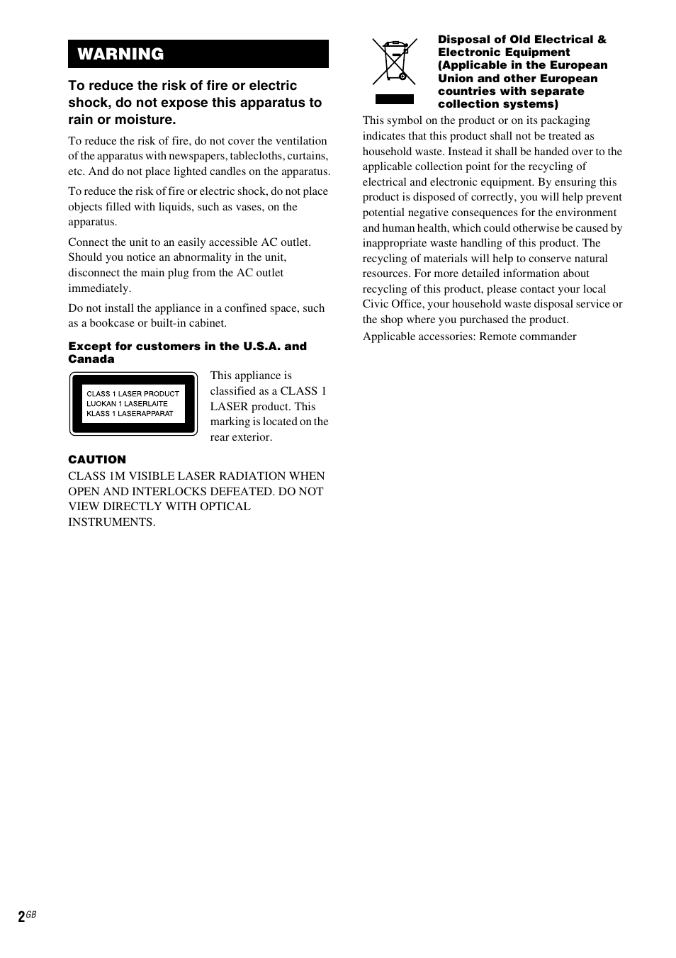 Warning | Sony CMT-DF1 User Manual | Page 2 / 52