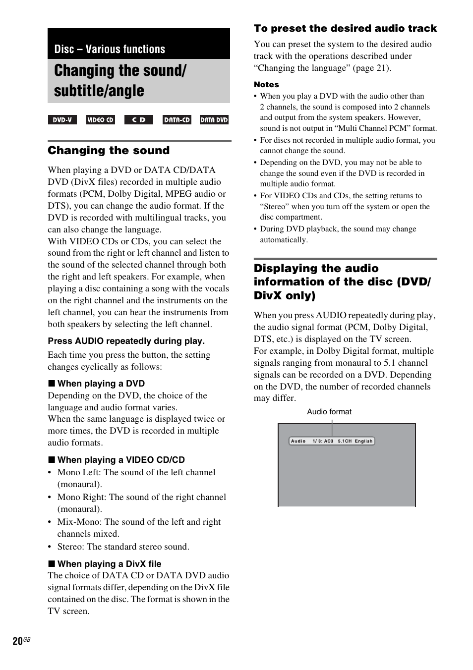 Disc – various functions, Changing the sound/subtitle/angle, Changing the sound/ subtitle/angle | Changing the sound | Sony CMT-DF1 User Manual | Page 20 / 52