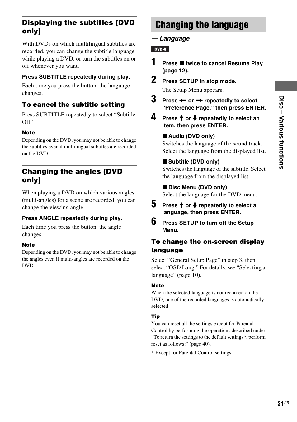 Changing the language, Language | Sony CMT-DF1 User Manual | Page 21 / 52