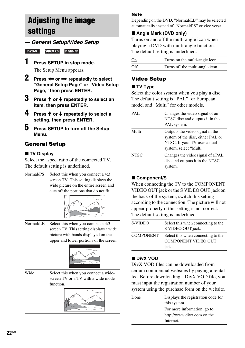 Adjusting the image settings, General setup/video setup | Sony CMT-DF1 User Manual | Page 22 / 52