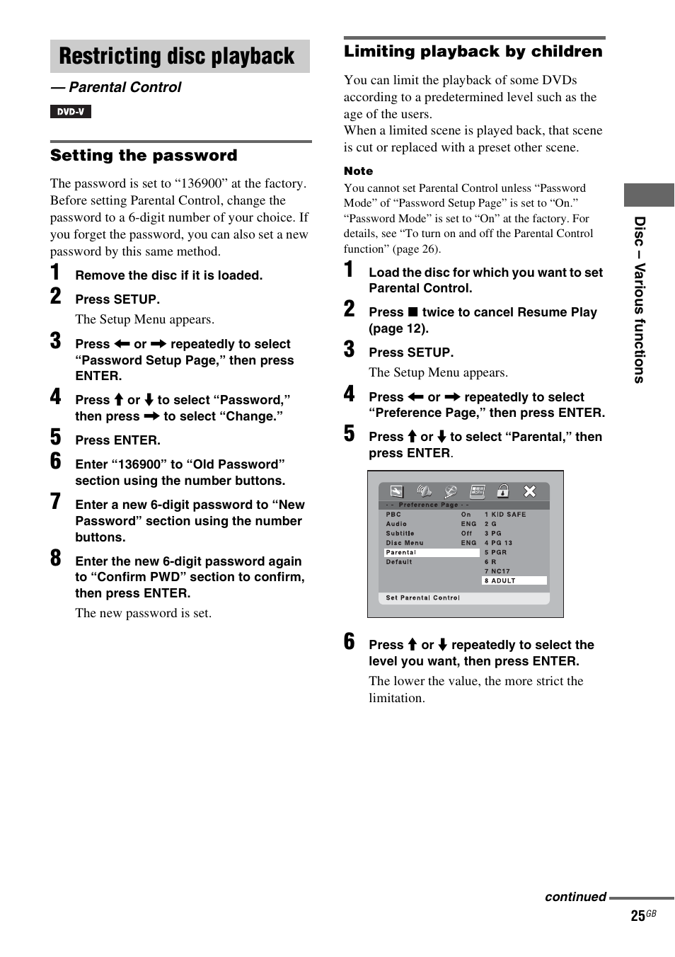 Restricting disc playback, Parental control | Sony CMT-DF1 User Manual | Page 25 / 52